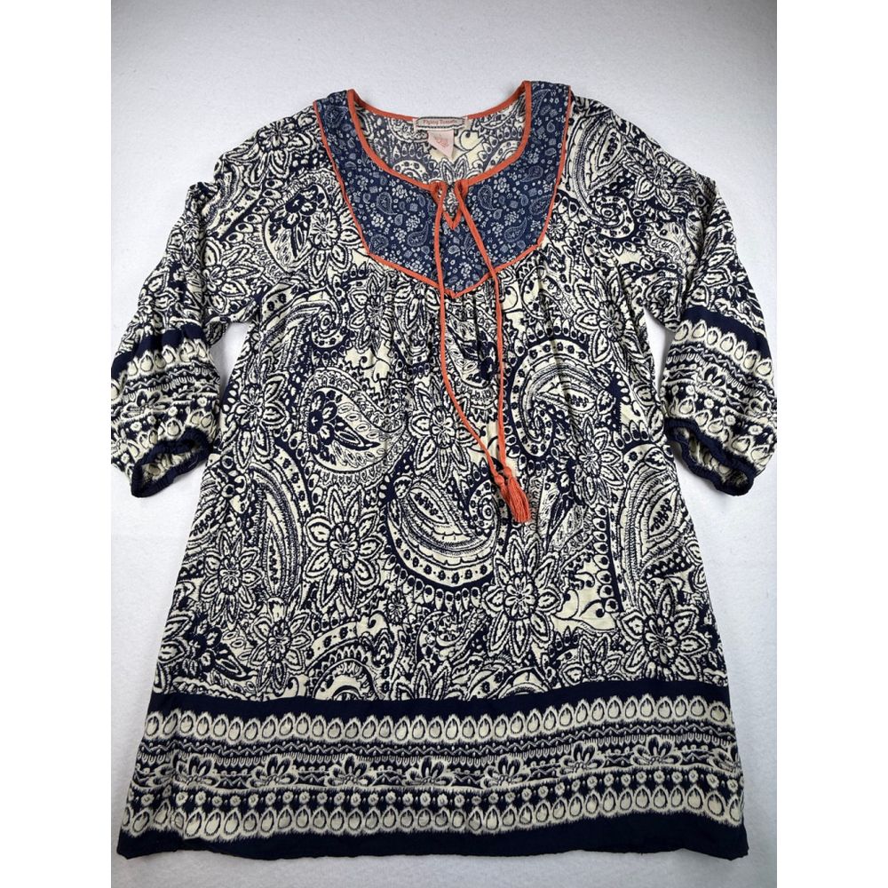Flying Tomato Navy Boho Paisley Peasant Blouse Tassel Tie Women’s Large